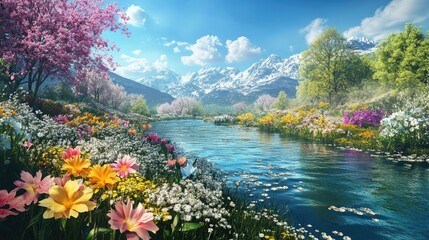 Naklejka premium Blooming flowers line the banks of a lush spring river, set in a vibrant, realistic 3D landscape with vivid colors and natural beauty
