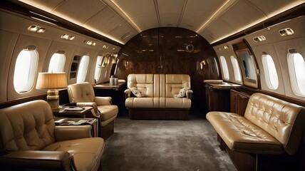 Fototapeta premium Luxury Private Jet Interior with Leather Seats and Wooden Finish. Generative AI