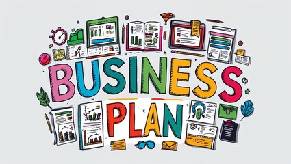 business plan colorful hand drawn lettering art design on plain white background