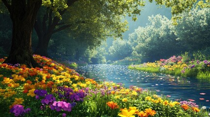Vibrant flowers blooming along a lush spring river, creating a serene and colorful scene in a detailed 3D illustration