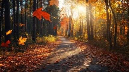 Autumn leaves on a quiet forest path breeze carries red and orange leaves through the air, with sunlight streaming through the trees and emphasizing the changing season at the time of the equinox