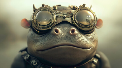 A steampunk pygmy hippo sporting large brass goggles, with reflective lenses that capture the world around. Its calm and curious demeanor gives a sense of adventure and mystery.