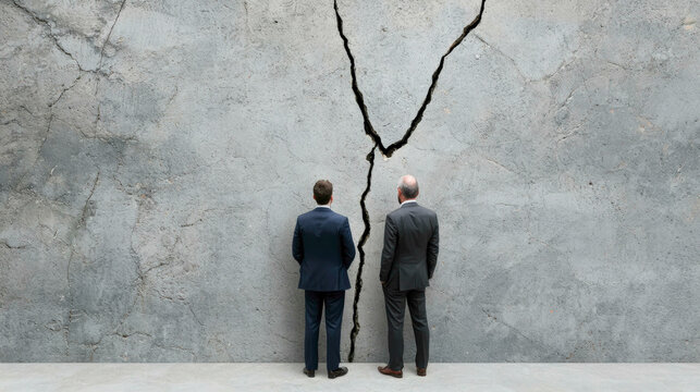 Two businesspeople in suits stand before a large cracked wall, contemplating the challenges ahead. The cracks symbolize a rift, representing obstacles in business or communication breakdown.