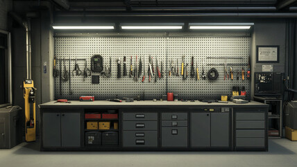 Industrial workshop with metal workbench and tools neatly organized on a pegboard, showcasing a clean and well-lit workspace.