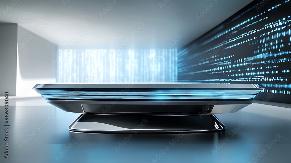 Poster a futuristic, sleek, silver table with a glowing blue rim. the background features a wall of streami