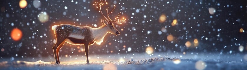 A majestic reindeer stands gracefully in a snowy landscape, surrounded by gently falling snowflakes, creating a serene winter scene.