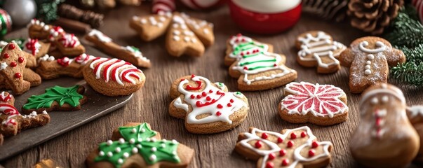 Fototapeta premium A festive display of colorful decorated gingerbread cookies on a wooden table, perfect for holiday celebrations and baking traditions.