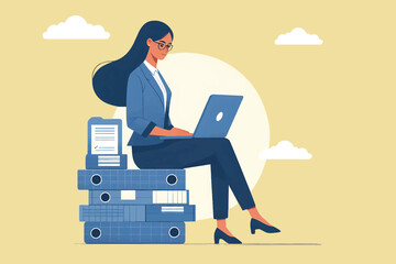 Overtime work and online business concept, A career woman sits on a pile of files while working on a laptop