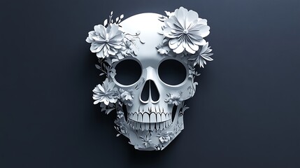 A white paper skull adorned with delicate paper flowers, set against a dark gray background.