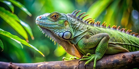Fototapeta premium The ancient green iguana's scaly body slowly moves across the tree branch, its spiked head held high as