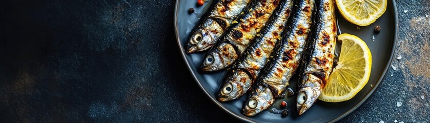 Fototapeta premium Grilled fish garnished with lemon slices on a dark plate, perfect for culinary art and food photography.
