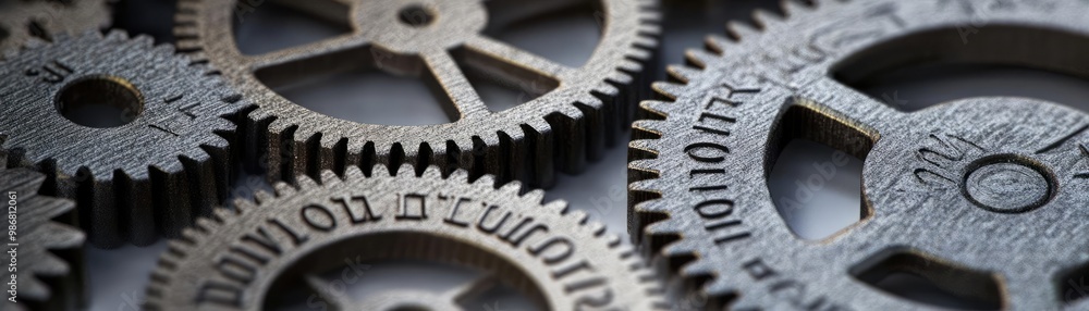 Poster close-up of intricate metal gears, showcasing their detailed textures and precise engineering, ideal