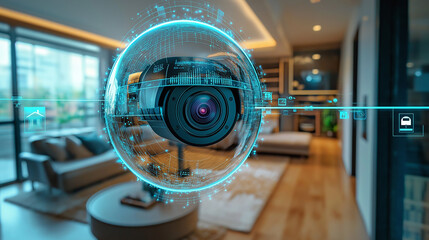 a modern smart home security system in augmented reality, showing camera quality, motion detection, and alert settings in a contemporary home