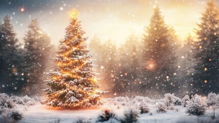 A beautiful snowy landscape featuring a decorated Christmas tree glowing brightly amidst falling snowflakes.