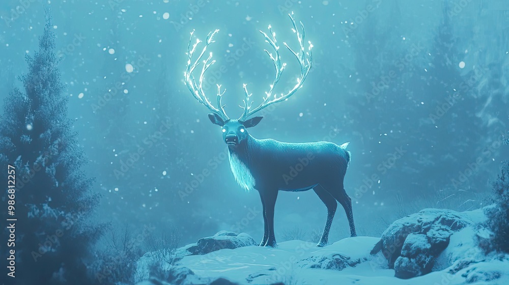 Poster a glowing deer stands majestically in a winter wonderland, surrounded by soft snowfall and illuminat