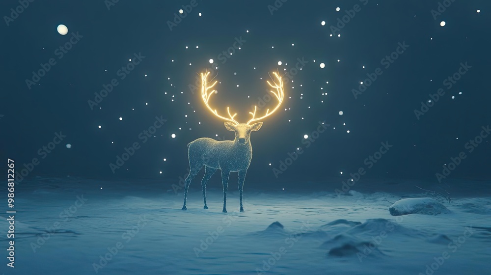 Poster a mystical deer with glowing antlers stands in a snowy landscape, surrounded by soft light and falli