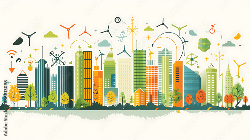Poster smart energy solutions cities powered by ai depicted in an abstract design where artificial intellig