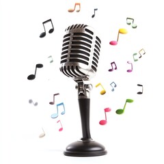 A microphone with a Black Friday label, surrounded by floating music notes, ready for a festive performance, isolated on white background