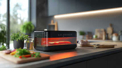 a modern sous vide cooker in augmented reality, showcasing temperature precision, water circulation, and recipe suggestions in a gourmet kitchen