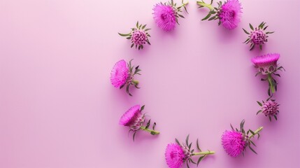 Circular arrangement of burdock beauty purple flower, copy space on center background