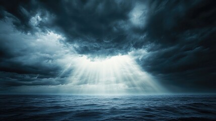 Fototapeta premium A dramatic view of a stormy sky over the ocean, with dark clouds rolling in and rays of sunlight breaking through, casting a moody atmosphere across the seascape.