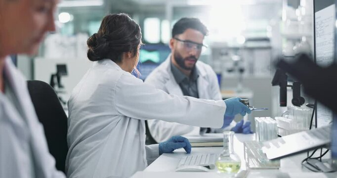 Clipboard, collaboration and science with people in lab for breakthrough, report or research. Computer, desk and innovation with doctors working together for pharmaceutical discovery or solution - Powered by Adobe