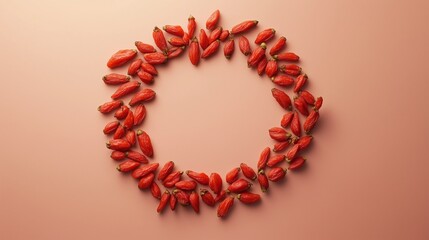 Flat lay circular arrangement of goji berries vegetable fruit for natural ingredient, copy space