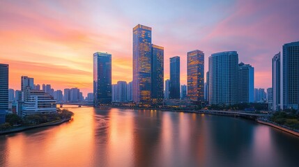 Fototapeta premium A panoramic view of a modern city skyline at sunset, with skyscrapers reflecting the orange and pink hues of the sky, and a river flowing through the urban landscape.