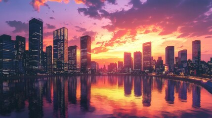 Fototapeta premium A panoramic view of a modern city skyline at sunset, with skyscrapers reflecting the orange and pink hues of the sky, and a river flowing through the urban landscape.
