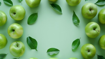 Flat lay circular arrangement of green apple vegetable fruit for natural ingredient, copy space