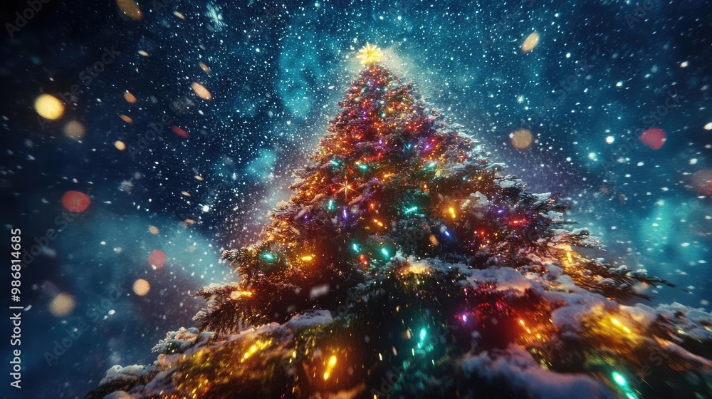 Aufkleber a vibrant christmas tree illuminated with colorful lights, surrounded by falling snow in a magical w