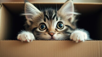 A playful kitten peeking out from a cardboard box, its paws hanging over the edge as it surveys its surroundings with wide, curious eyes.