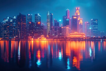 Fototapeta premium Cityscape with vibrant skyscrapers reflecting in water at night.
