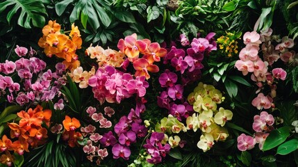 A stunning vertical wall garden full of various orchids in different shades, creating a colorful and lush tropical display in an urban space. -