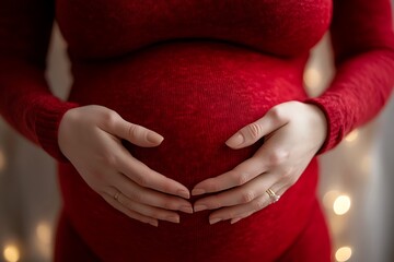 Pregnant Woman in Red Outfit Holding Belly