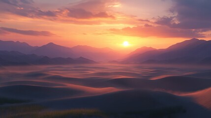 Obraz premium A view of a desert landscape at dusk, with rolling sand dunes and distant mountains bathed in the soft glow of a setting sun, creating an ethereal scene.