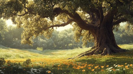 An ancient oak tree with gnarled branches spreading wide, its thick roots visible above ground, in a quiet meadow surrounded by wildflowers.