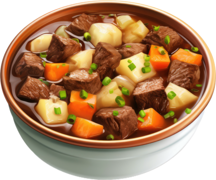 Delicious Bowl of Beef Stew isolated on transparent png background