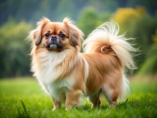 Fototapeta premium The Fluffy Tibetan spaniel stands attentively in the sun-dappled grassy field, its long, flowing coat rustling gently