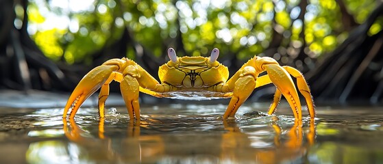 Yellow crab standing in water with blurred green background