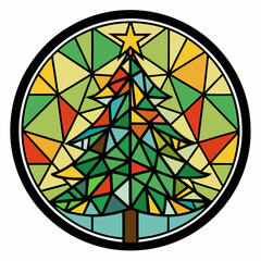 Stained Glass Christmas tree round sign Black Vector silhouette