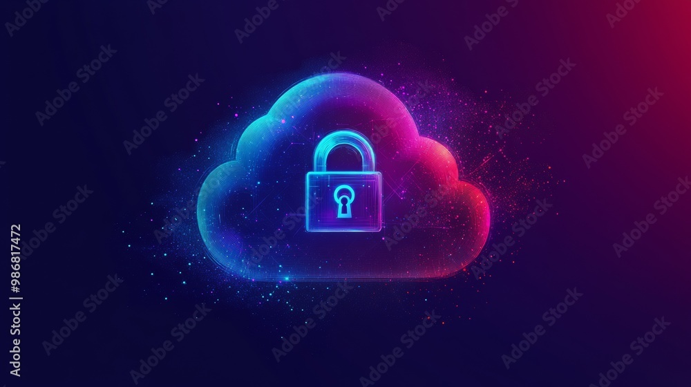 Poster Abstract Illustration of Cloud Security Services. Cloud Icon with Padlock Symbol Representing Data Protection in Cloud Computing