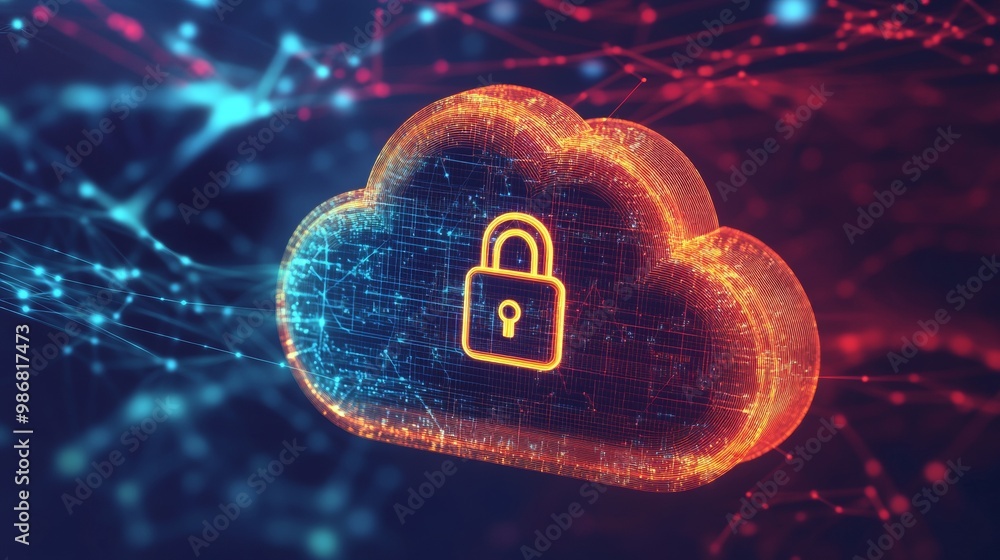 Poster Abstract Illustration of Cloud Security Services. Cloud Icon with Padlock Symbol Representing Data Protection in Cloud Computing