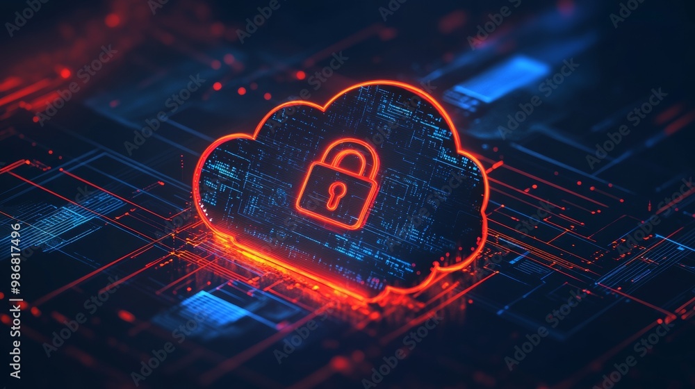 Poster Abstract Illustration of Cloud Security Services. Cloud Icon with Padlock Symbol Representing Data Protection in Cloud Computing