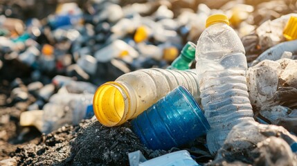 Fototapeta premium Close-Up of Plastic Bottles, Cups, and Recyclables in a Garbage Dump