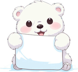 Cute Cartoon Polar Bear Holding a Blank White Sign isolated on transparent png background