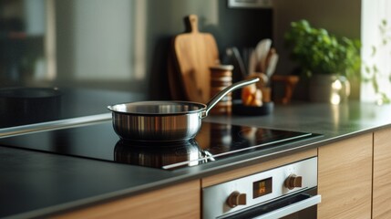 Modern Kitchen with Induction Stove, Oven, and Range Hood, Featuring Wooden Furniture and Stainless Pan on Glass Ceramic Hob
