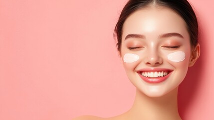 Beautiful woman smile use cream for good skin. face of a healthy woman apply cream and makeup. Advertisement for skin cream, anti-wrinkle, baby face, whitening, moisturizer, tighten pores.