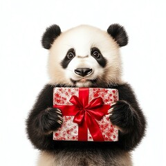 Naklejka premium A panda holding a Black Friday Deals banner with both paws, looking excited and festive, isolated on white background