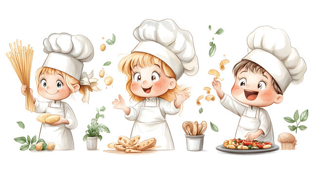 happy kids playing in the kitchen for cooking class and chefs lesson